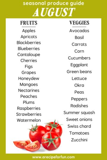 An image featuring a list of fruits and a list of vegetables that are in season in August. The image is meant to be used as a Pinterest pin.