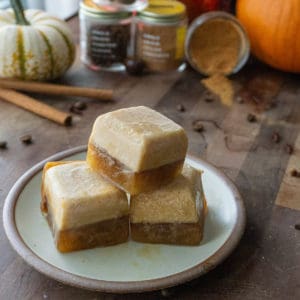 a trio of frozen pumpkin spice coffee cubes sit atop a plate in front of an assortment of fall spice jars