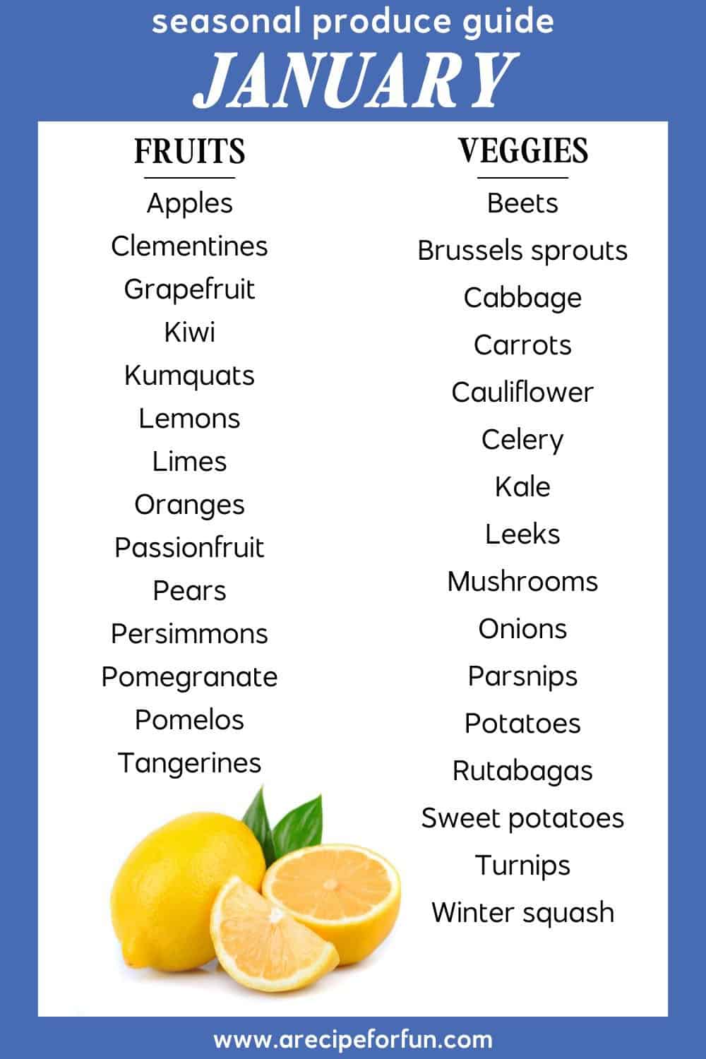 An image featuring a list of fruits and a list of vegetables that are in season in January. The image is meant to be used as a Pinterest pin.