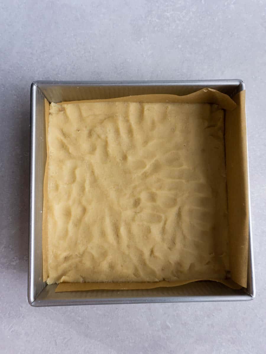 crust for strawberry lemon bars pressed into the baking pan