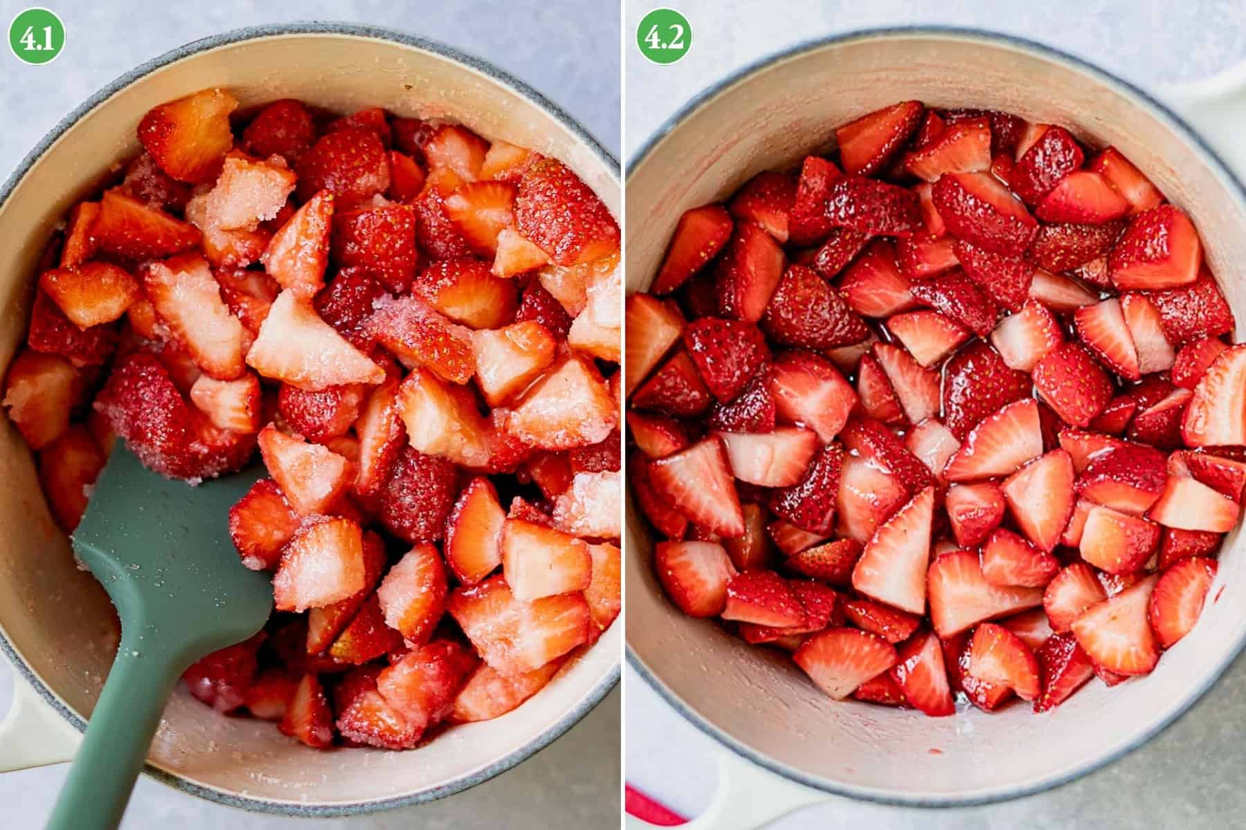 Two side-by-side images show chopped strawberries in a pot. The left side displays the strawberries coated in sugar, ready to begin the process of making strawberry jam without pectin, while the right side shows the strawberries juiced and glossy after sitting. A green spatula is visible in the left image.