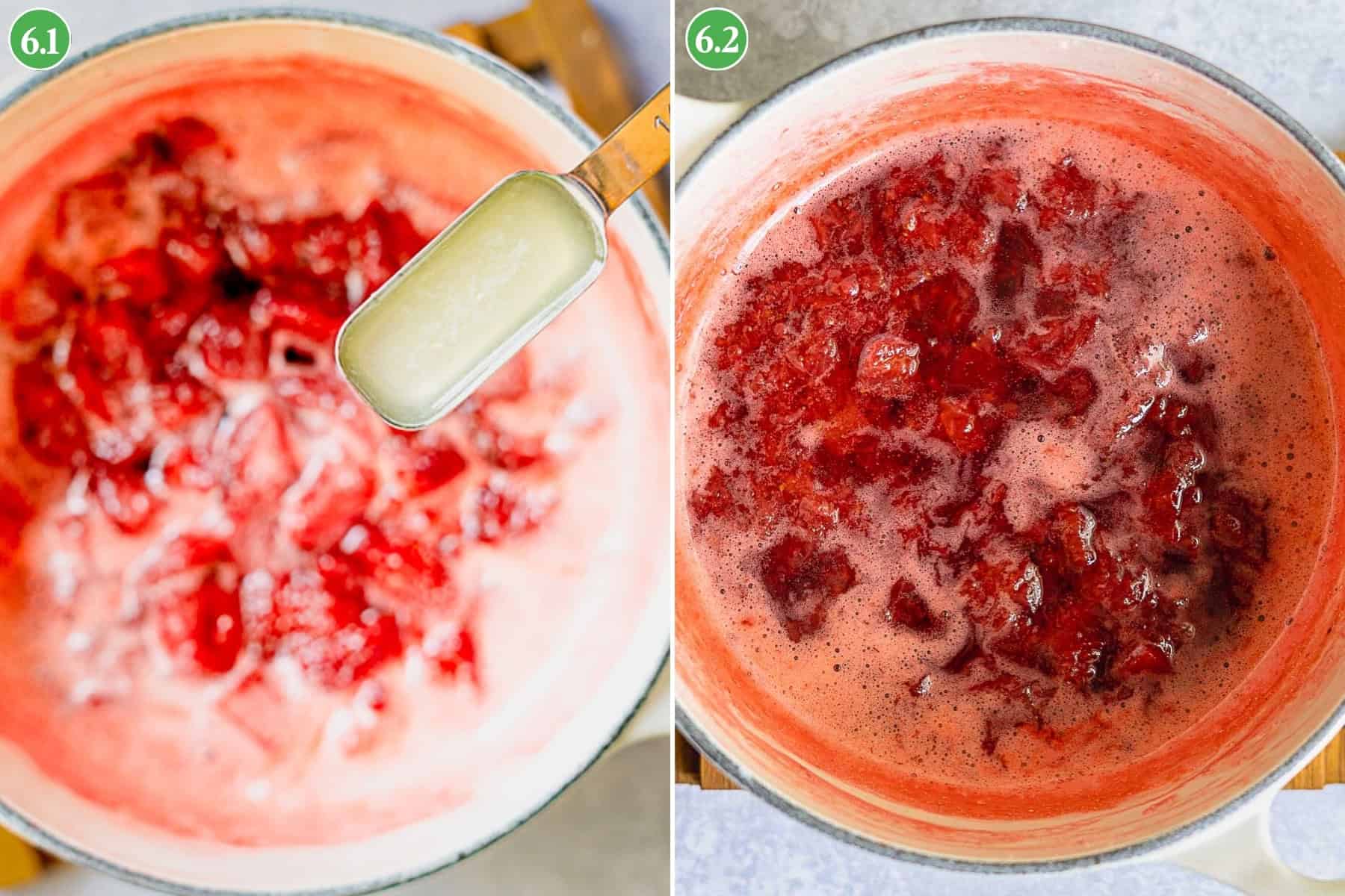 Two images: left, a spoon pours liquid into a pot of simmering strawberries—an essential step in making strawberry jam without pectin; right, the pot shows thickened, bubbling strawberries as they cook down naturally. Both images are labeled in the top left corners as 6.1 and 6.2.