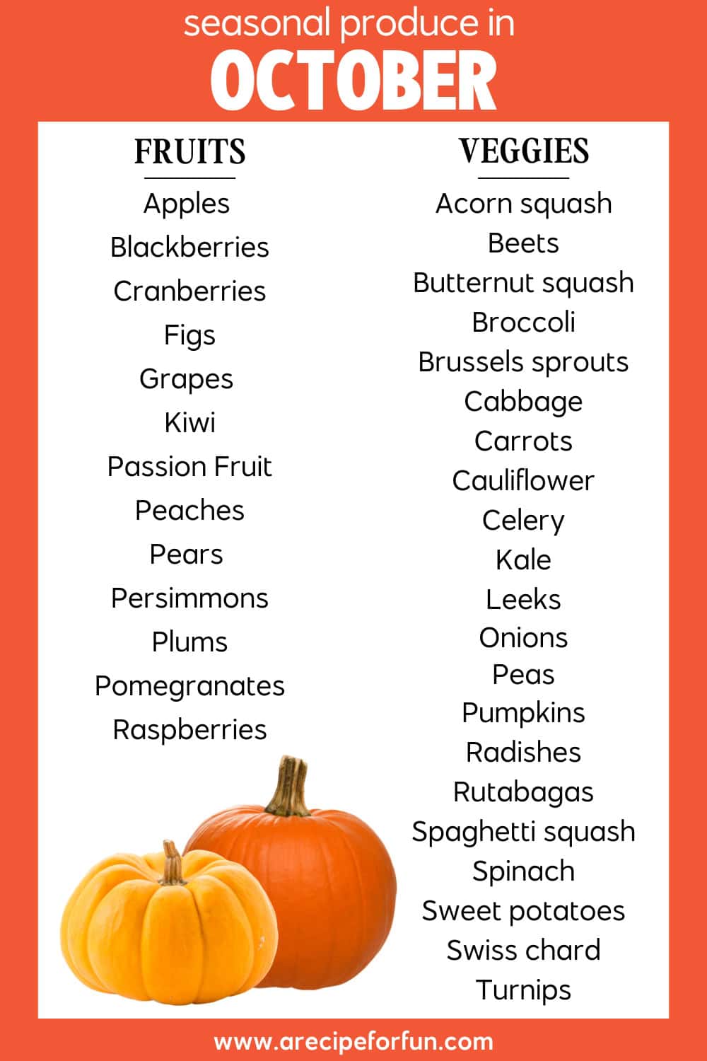 Discover what is in season in October with this list of fruits and veggies—apples, pears, grapes, pumpkins, broccoli, leeks, and spinach—beautifully displayed on an orange and white background featuring two pumpkins at the bottom.