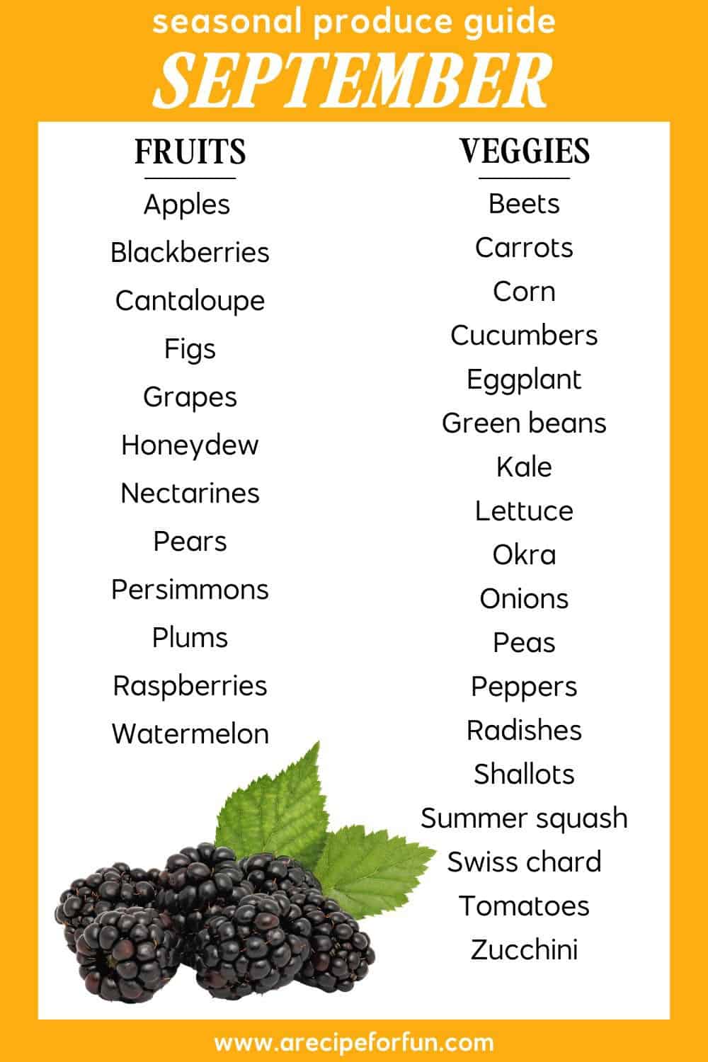 An image featuring a list of fruits and a list of vegetables that are in season in September. The image is meant to be used as a Pinterest pin.