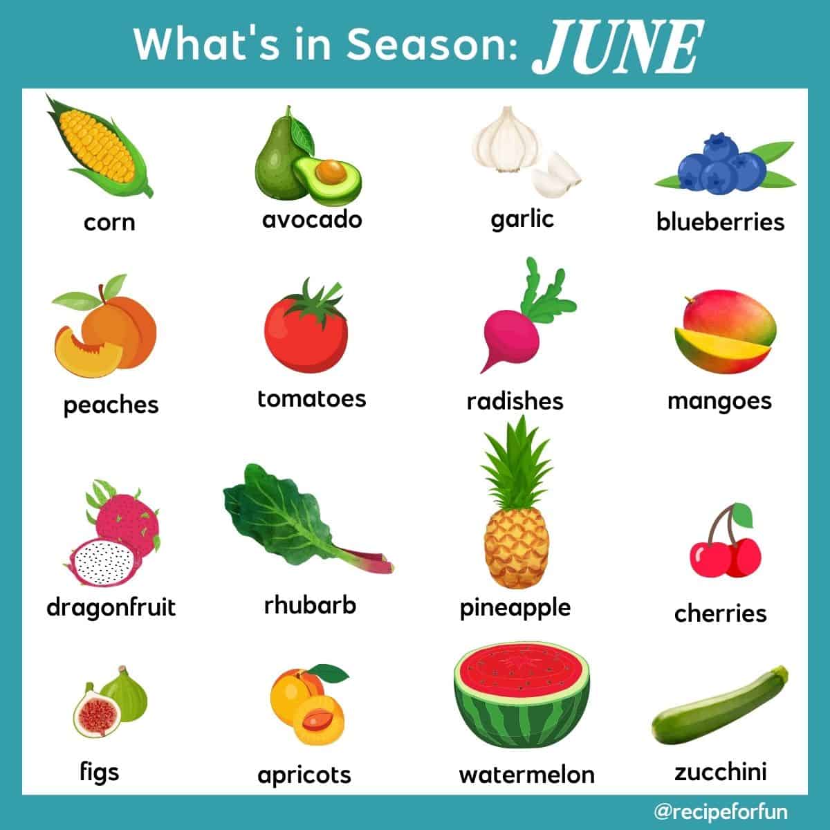 An illustrated infographic of what produce is in season in May. The images includes fruits in season in June and vegetables in season in June.