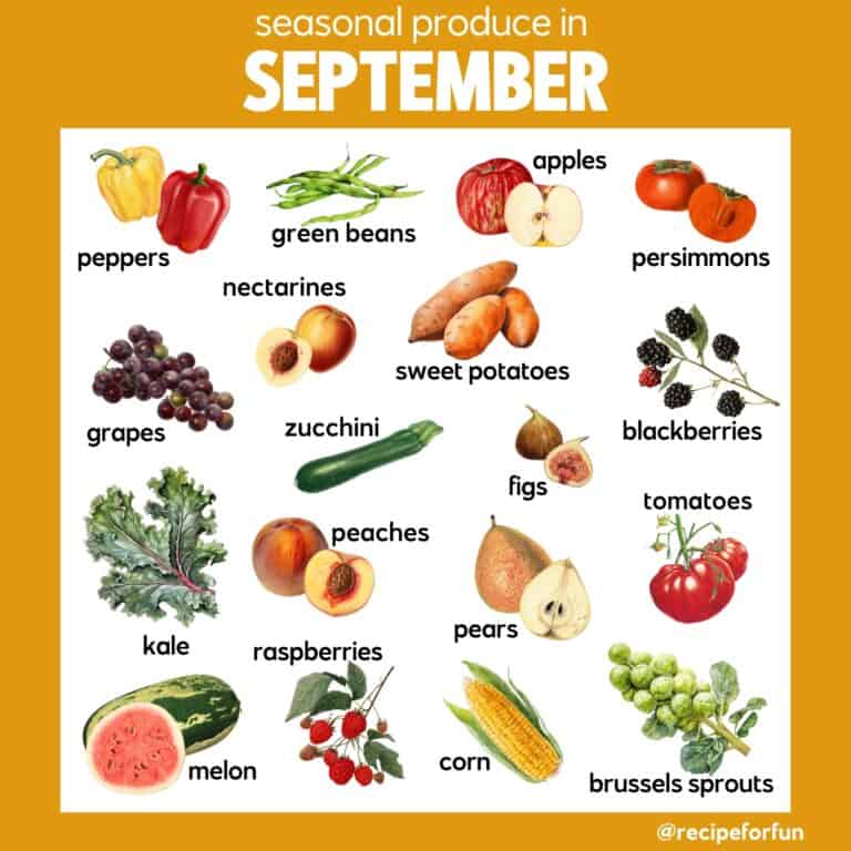 A colorful chart titled What's in Season: September highlights what is in season in September with illustrations of apples, persimmons, bell peppers, figs, peas, broccoli, sweet potatoes, peaches, tomatoes, and more.