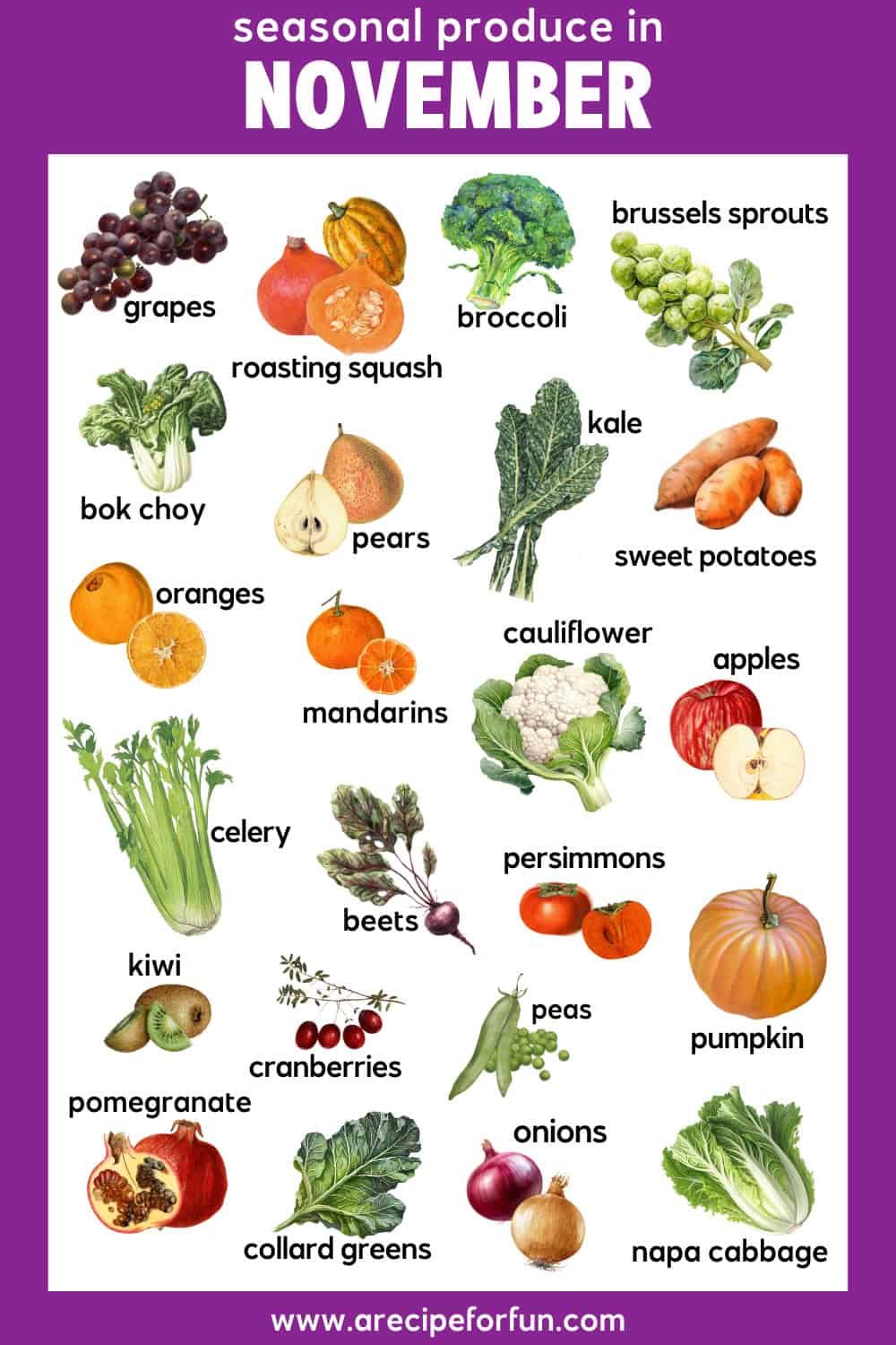A chart titled "Seasonal Produce in November" highlights what is in season in November, with illustrated fruits and vegetables like bok choy, pears, sweet potatoes, persimmons, and more on a white background bordered in purple.