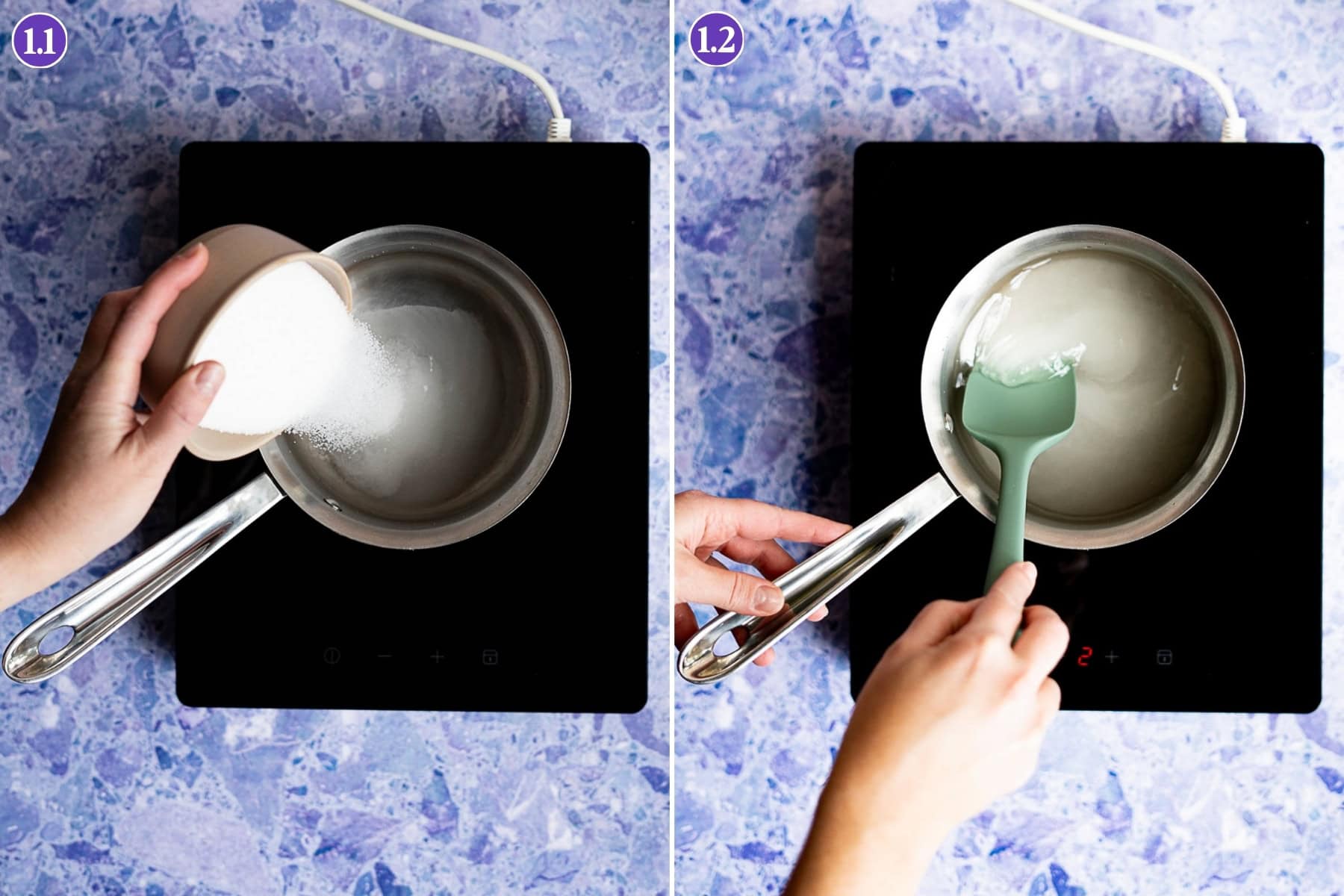 Side-by-side images: On the left, sugar is poured into a saucepan on an induction cooktop to make pineapple simple syrup. On the right, a person stirs the mixture with a green spatula. The background features a blue pattern.