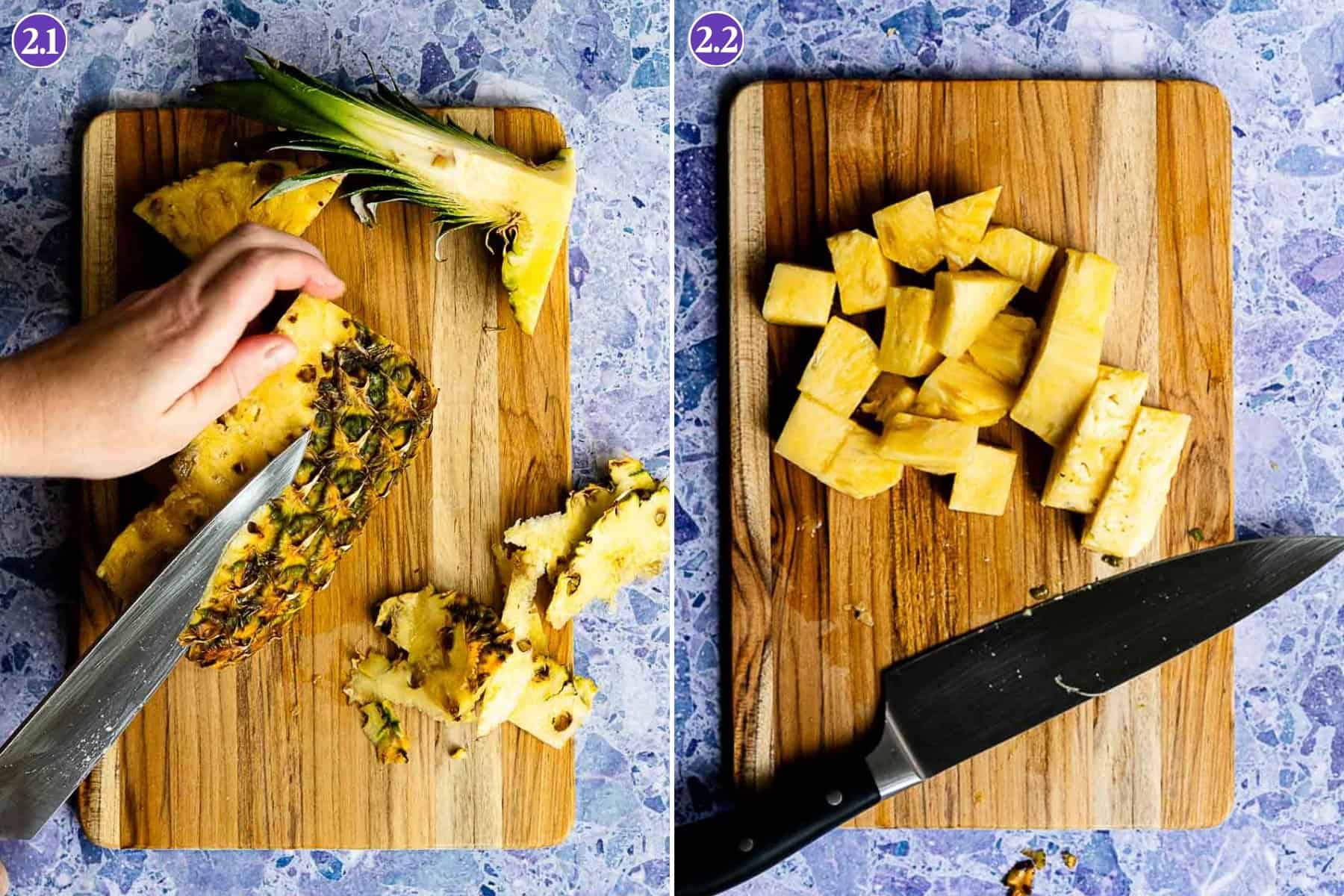 Two side-by-side images: on the left, a hand slices the skin off a pineapple on a wooden cutting board; on the right, fresh cubes—perfect for making pineapple simple syrup—are ready with a knife beside them.