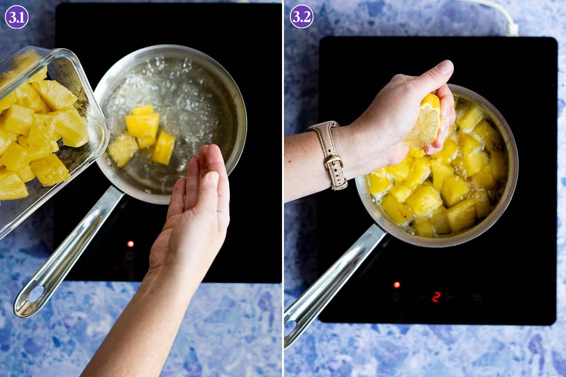 Split image: On the left, pineapple chunks are being added to a pot of boiling water to make pineapple simple syrup. On the right, a hand drops more pineapple chunks into the simmering pot for a sweet infusion.