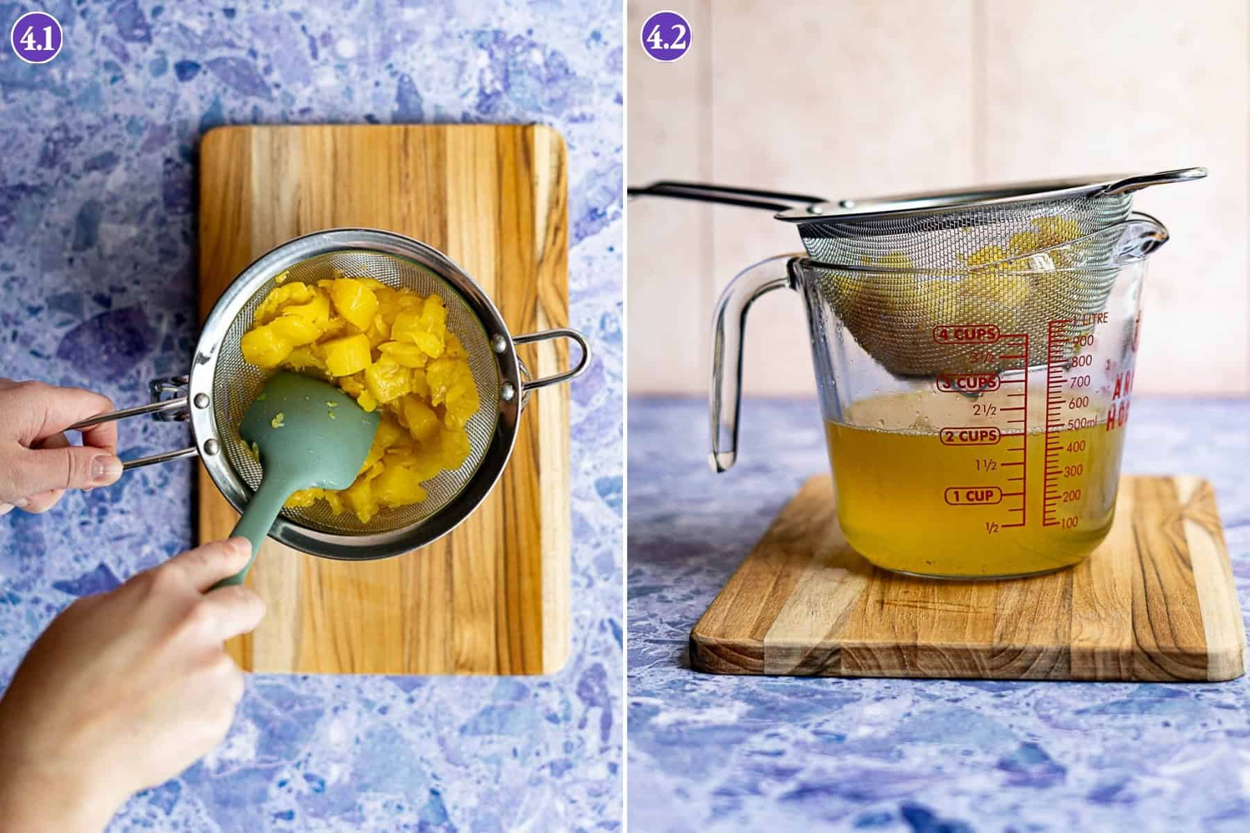 Two photos: Left—hands pressing cooked mango pieces through a metal strainer over a wooden board with a spatula. Right—strained mango juice, perfect for drinks or adding to pineapple simple syrup, sits in a measuring cup beneath the pulp-filled strainer.