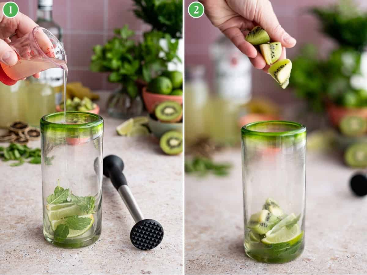 Two-step collage: On the left, juice is poured into a glass with lime and mint for a refreshing kiwi mojito; on the right, a hand adds kiwi pieces. A muddler and ingredients like kiwi, lime, and herbs are on the counter.