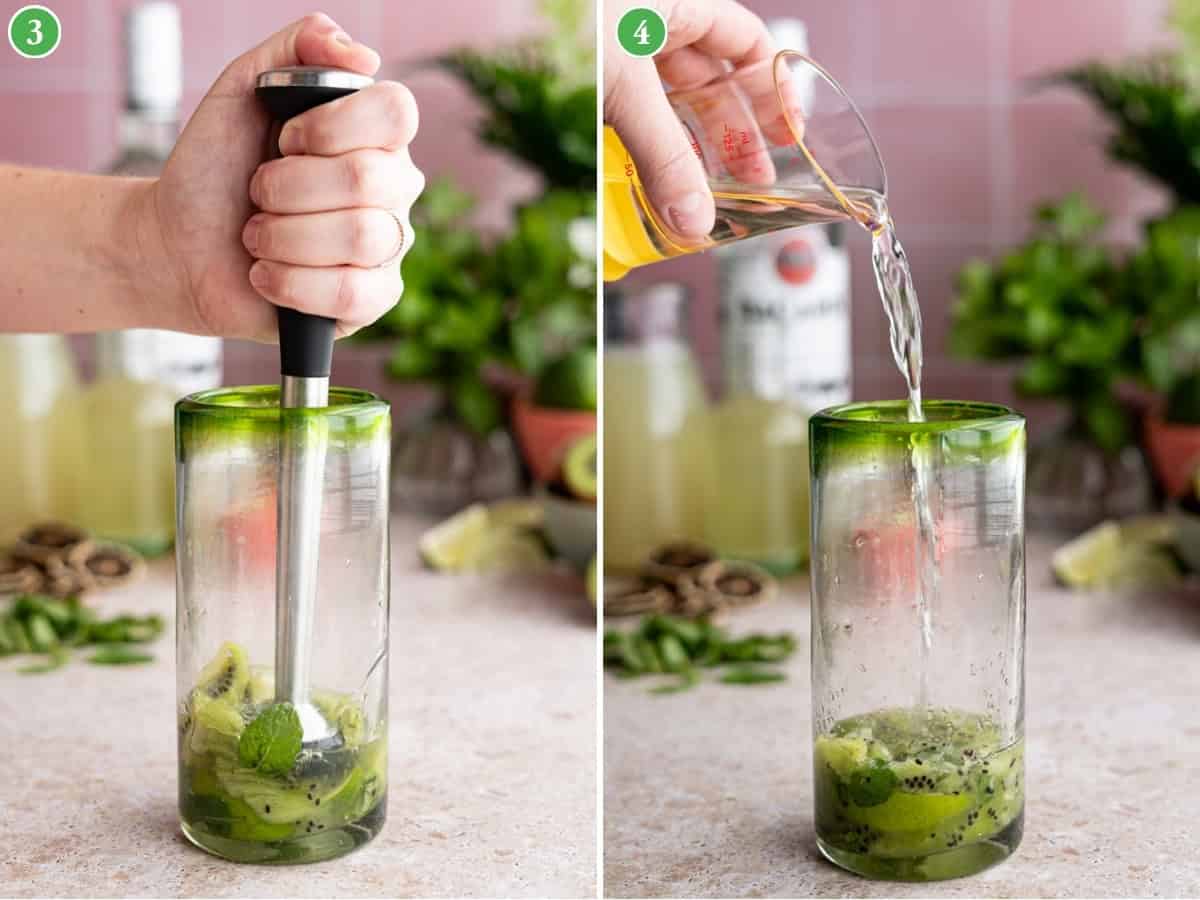 Split image: Left—A hand muddles kiwi and mint in a glass for a fresh kiwi mojito. Right—Clear liquid is poured from a measuring cup into the same glass. Cocktail ingredients are visible in the background.