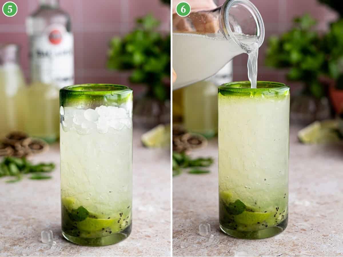 Side-by-side images of a tall glass with muddled lime and mint for a kiwi mojito; left shows the glass filled with ice, right shows liquid being poured in. Bottles and green herbs are blurred in the background.