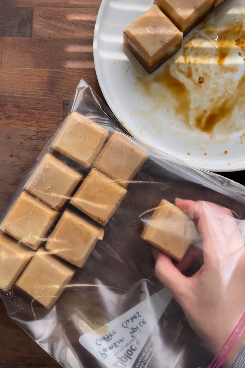 Step 10 of making iced pumpkin spice latte coffee cubes: storing them in a zip-top bag.