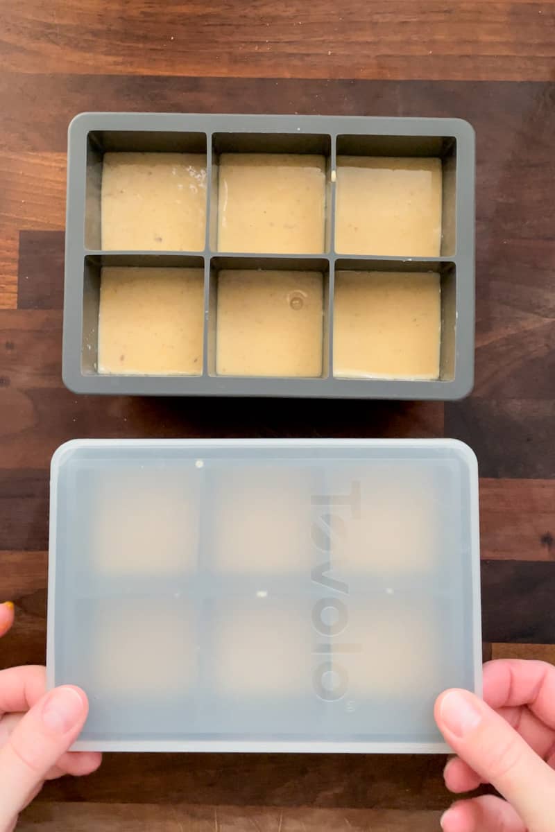 Step 7 of making iced pumpkin spice latte coffee cubes: freezing the base layer of the cubes.