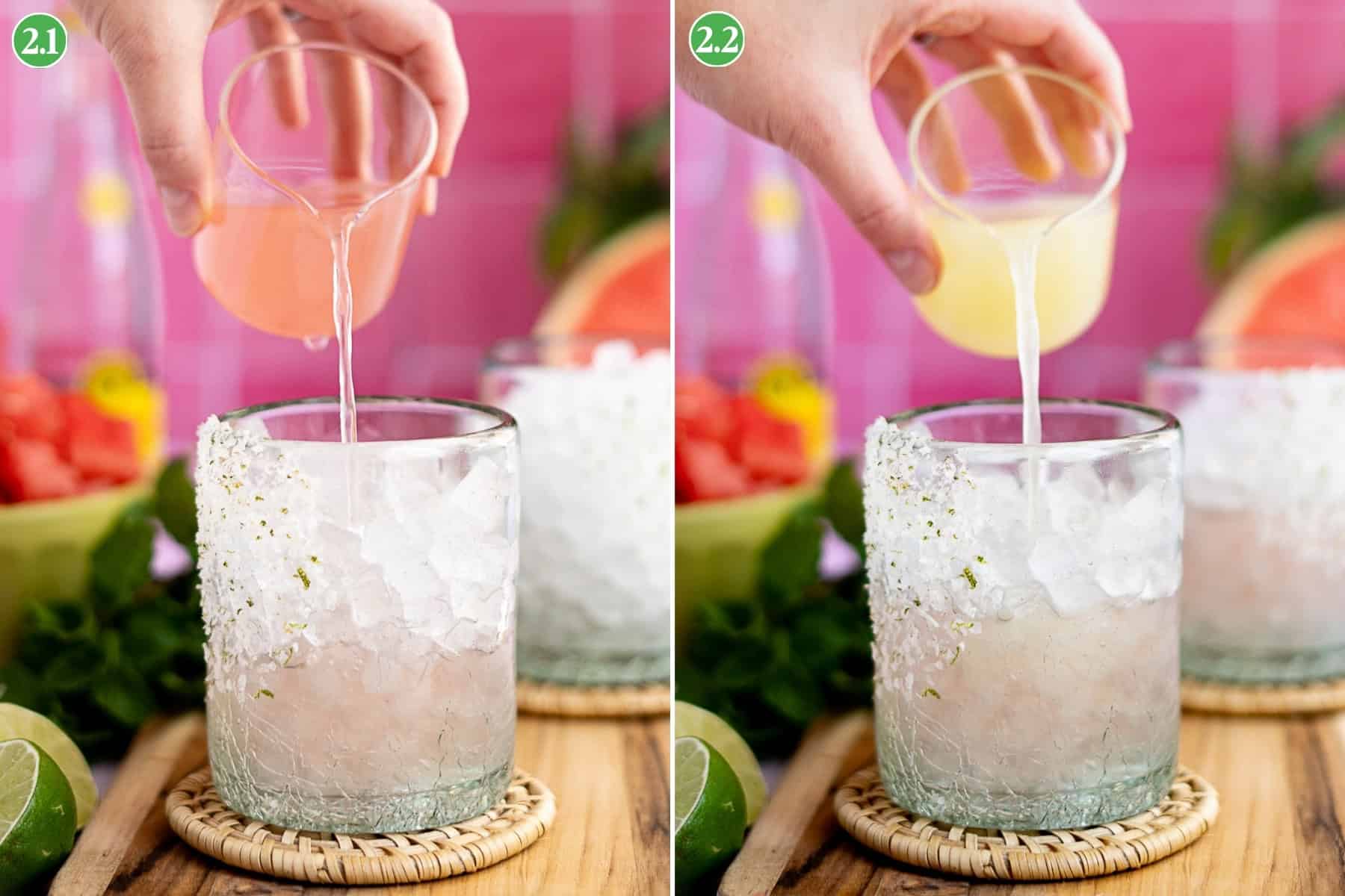 Side-by-side images show a hand pouring pink watermelon ranch water (left) and yellow liquid (right) into clear glasses filled with crushed ice. The glass rims are garnished with salt and flowers; fresh fruit is visible in the background.