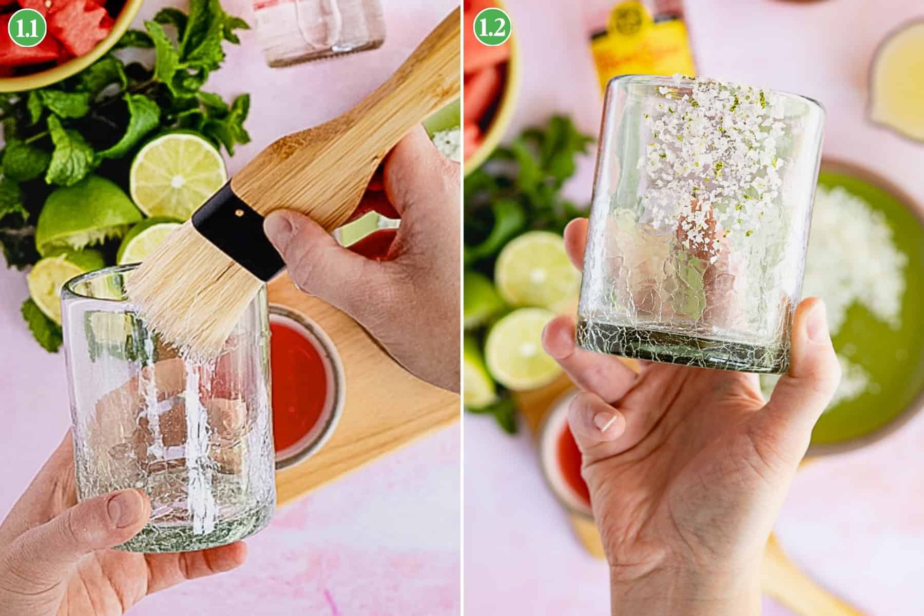 A hand brushes liquid onto a glass rim (left); the same glass now boasts a salted rim, surrounded by limes, mint, and other watermelon ranch water cocktail ingredients (right).