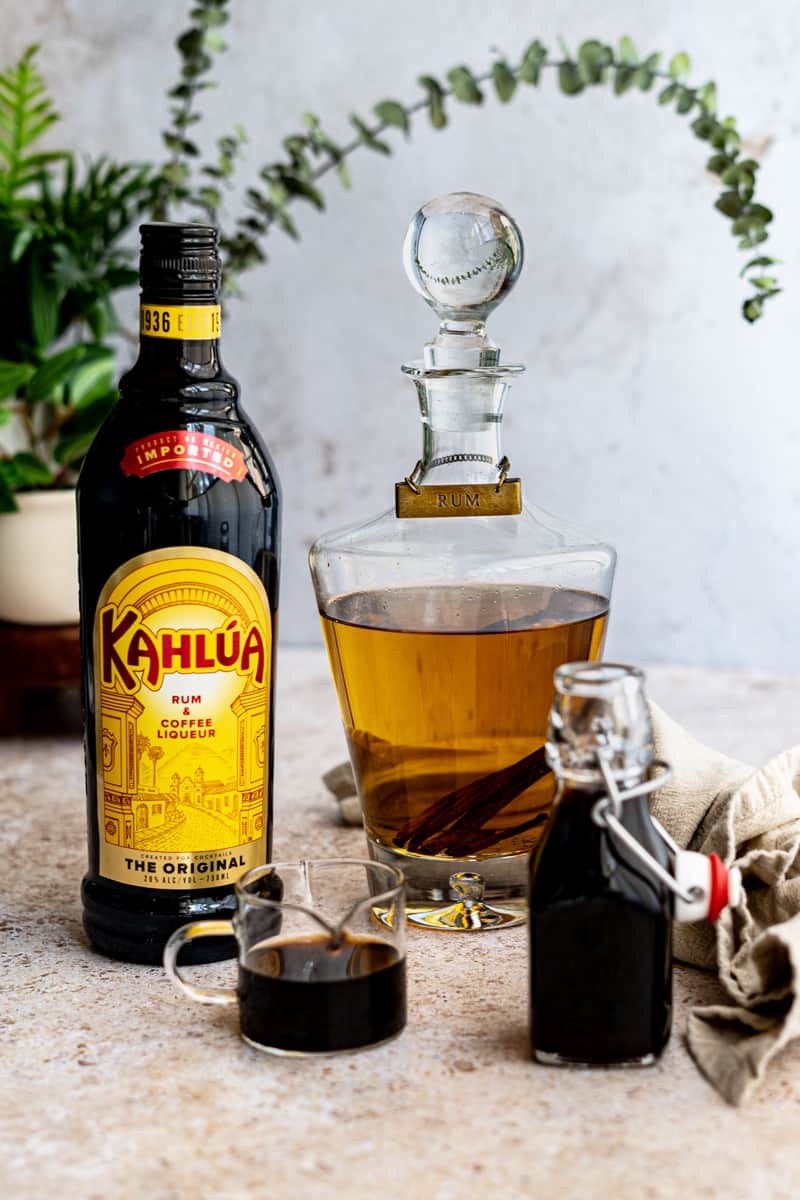 Ingredients used to make a rum espresso martini sit on a countertop.