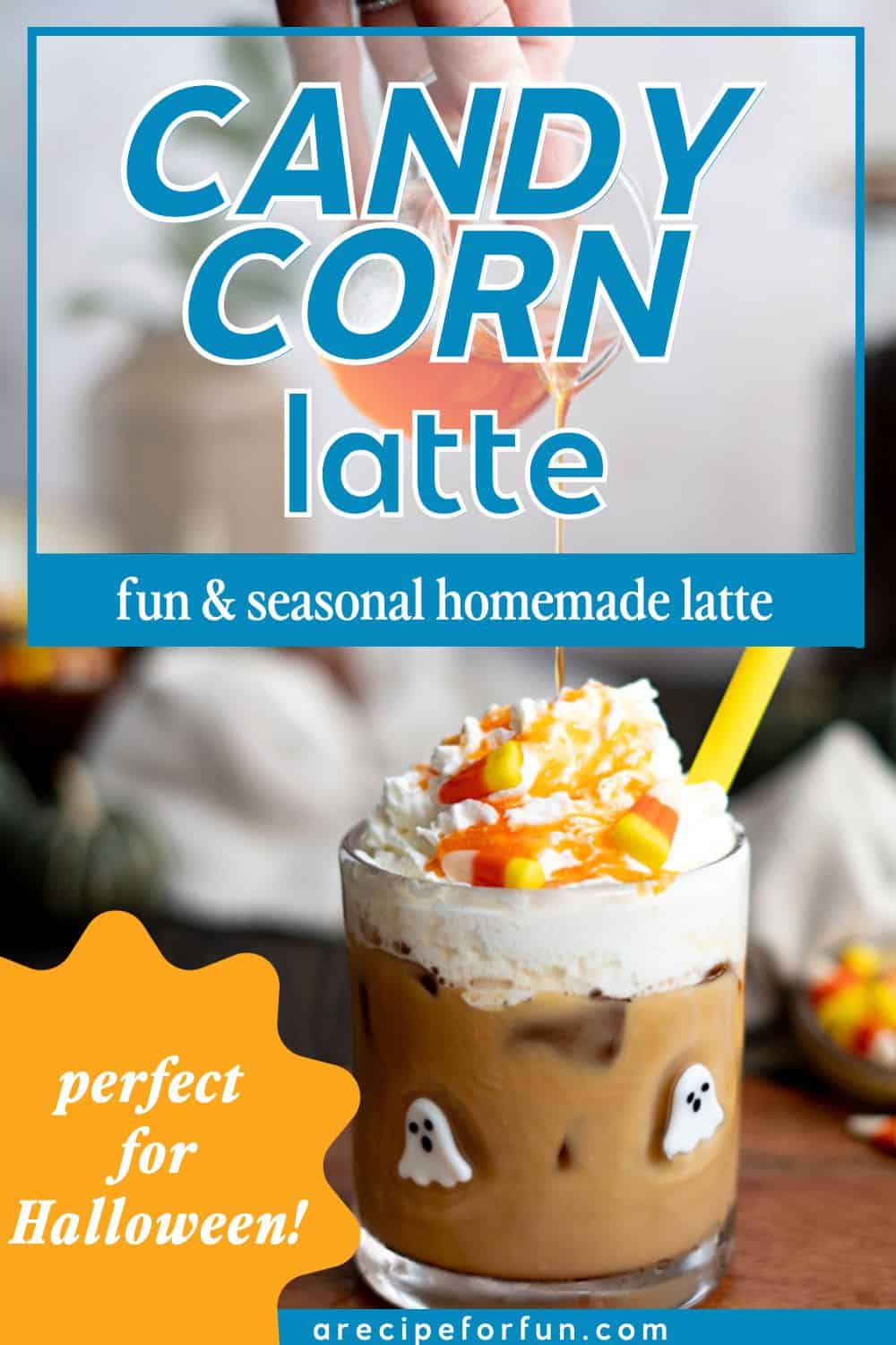 Pinterest Pin for a post about a recipe for a candy corn latte.