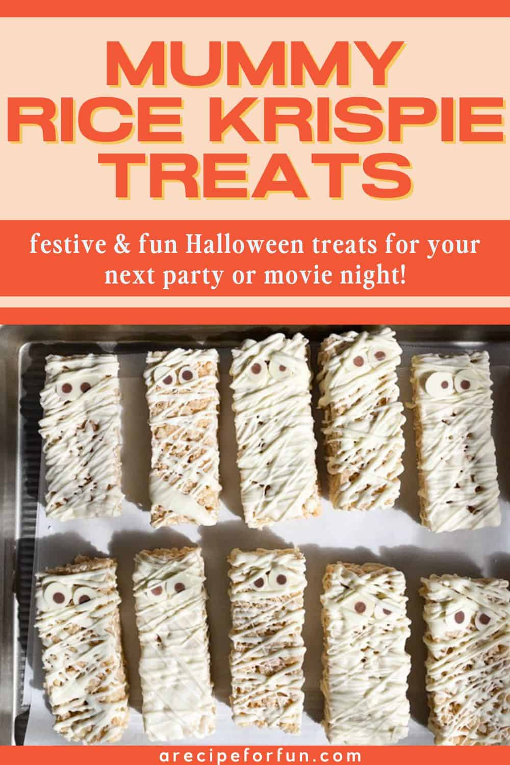 Pinterest Pin for a post about a recipe for mummy rice krispie treats.