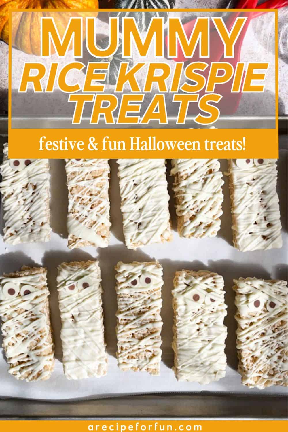 Pinterest Pin for a post about a recipe for mummy rice krispie treats.