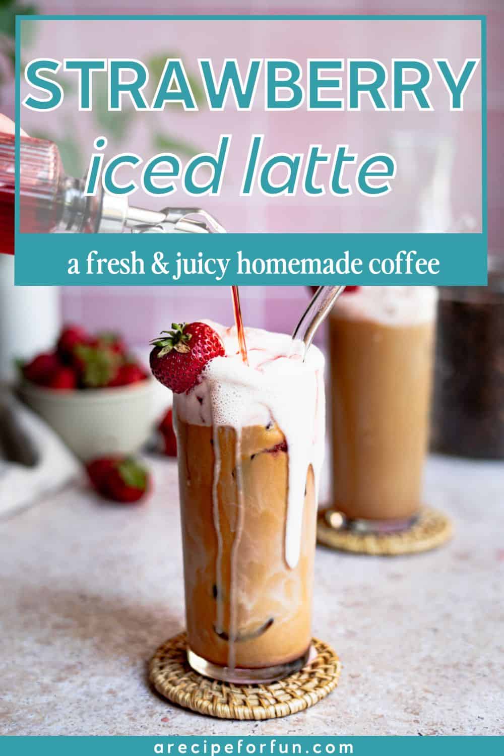 image of a pinterest pin for a iced strawberry latte recipe.