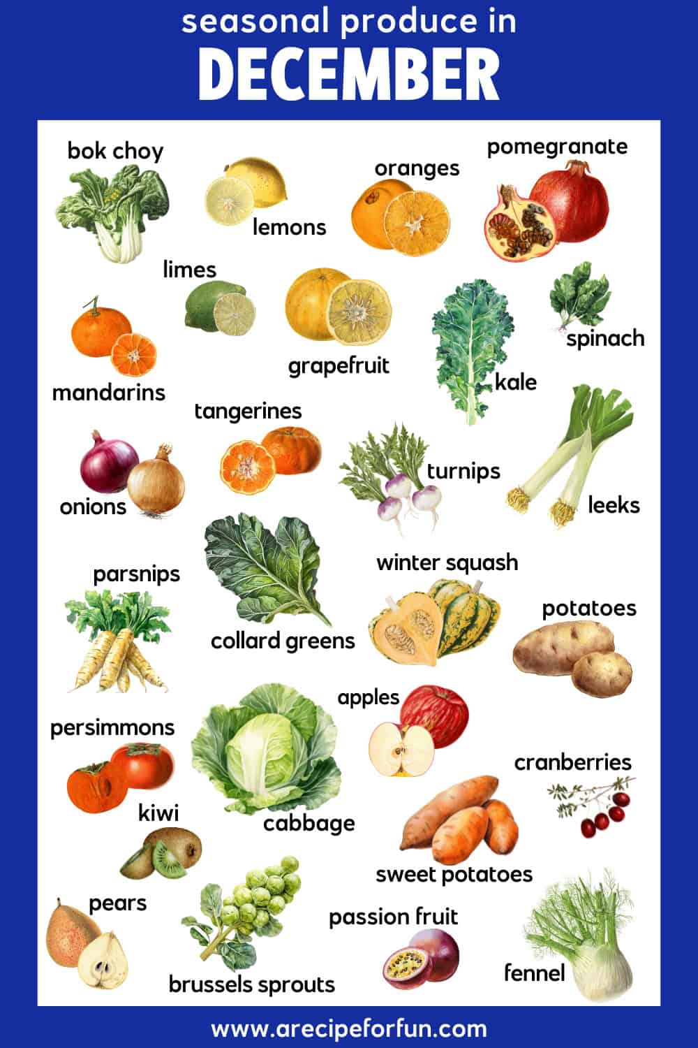 A chart titled what is in season in December displays labeled illustrations of fruits and vegetables, including bok choy, lemons, oranges, pomegranate, potatoes, kale, spinach, and more on a white background with a blue border.