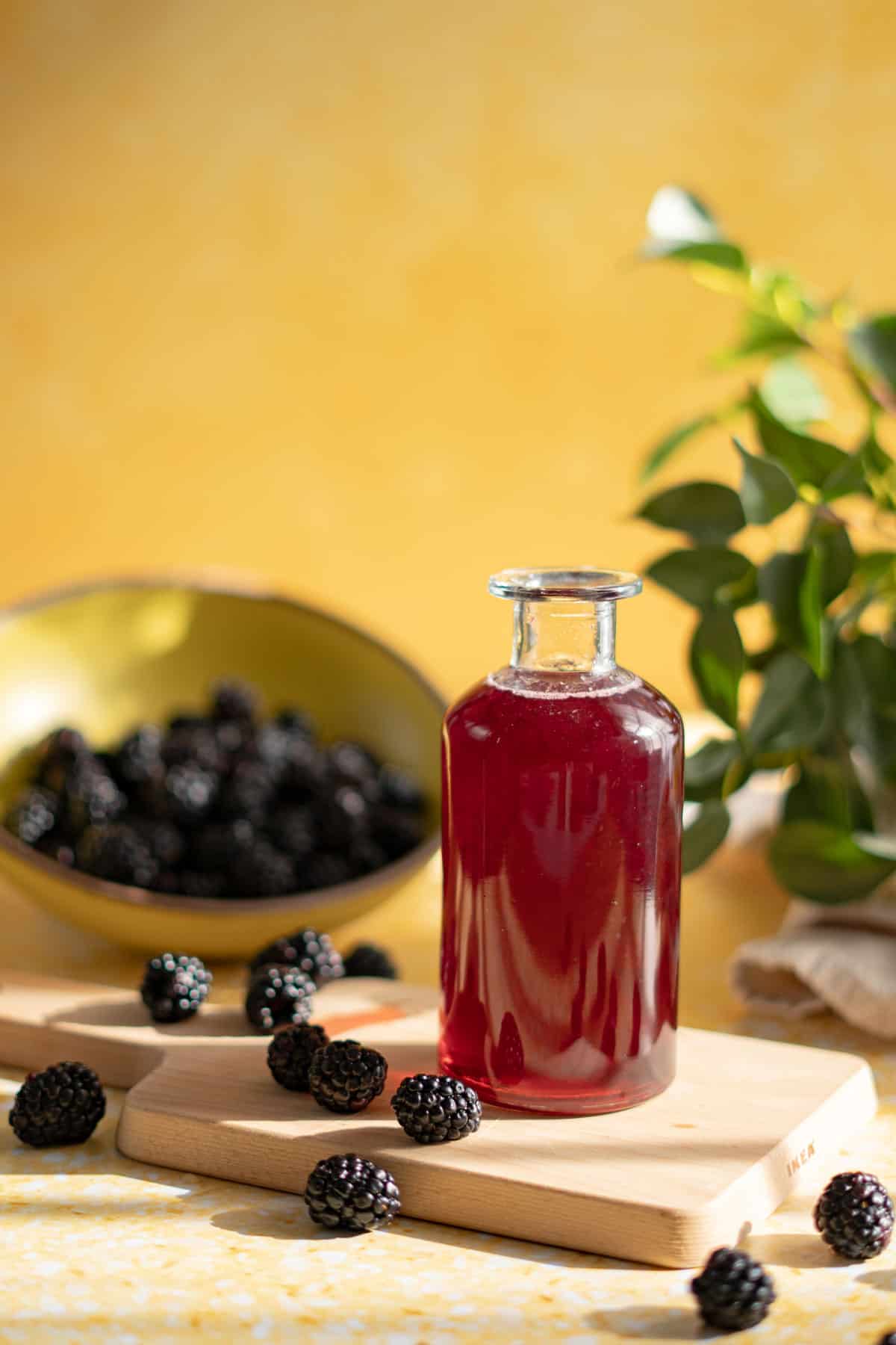 A bottle of blackberry syrup is on a small cutting board with a bowl of blackberries in the background. There are blackberries scattered on the countertop.