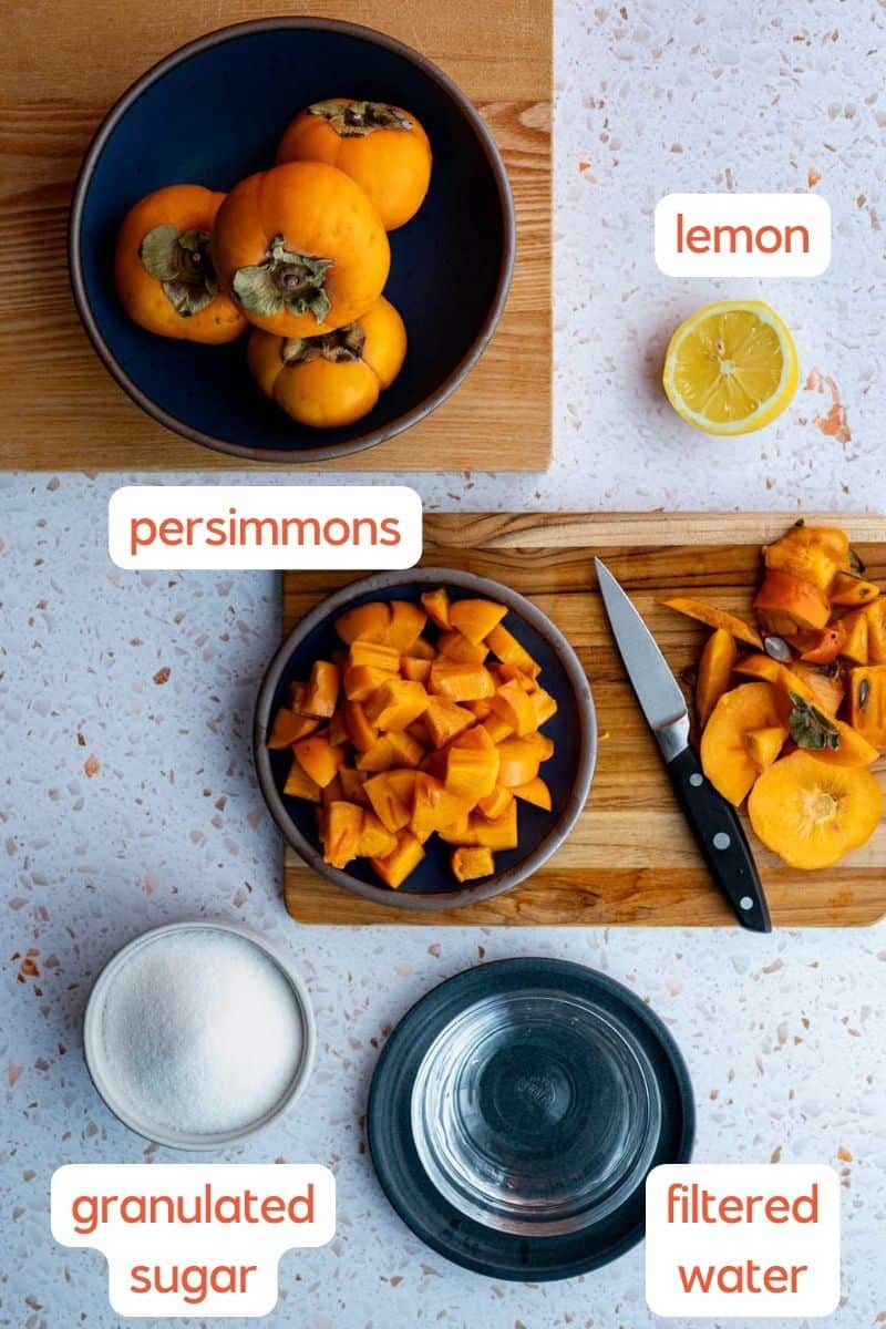 A labeled ingredient shot of the ingredients used to make persimmon simple syrup.