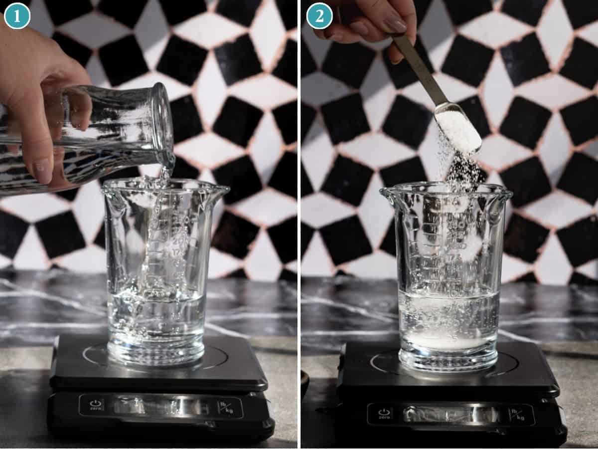 Split image: On the left, a hand pours water from a carafe into a glass beaker on a digital scale. On the right, a spoonful of kosher salt is added to make saline solution for cocktails.