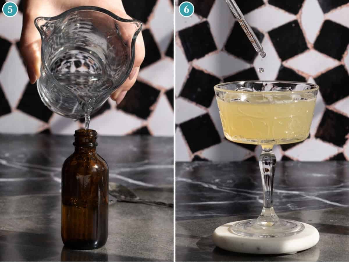 Split image: On the left, a hand pours clear liquid from a glass pitcher—preparing saline solution for cocktails—into a small brown bottle. On the right, liquid saline solution drops from a dropper into a yellow cocktail in a coupe glass on a marble coaster.