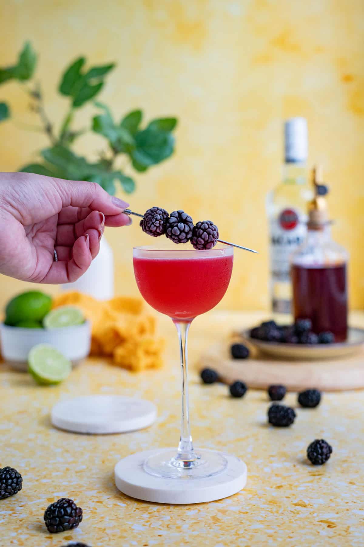 A hand from out of frame is garnishing a blackberry daiquiri with a cocktail pick that has been skewered with three blackberries.
