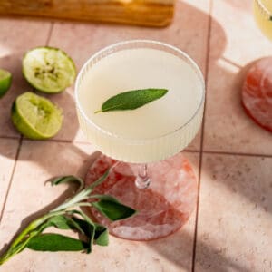 A sage gin gimlet sits on a pink stone countertop with a sprig of sage on the countertop and limes that have been squeezed on the counter.