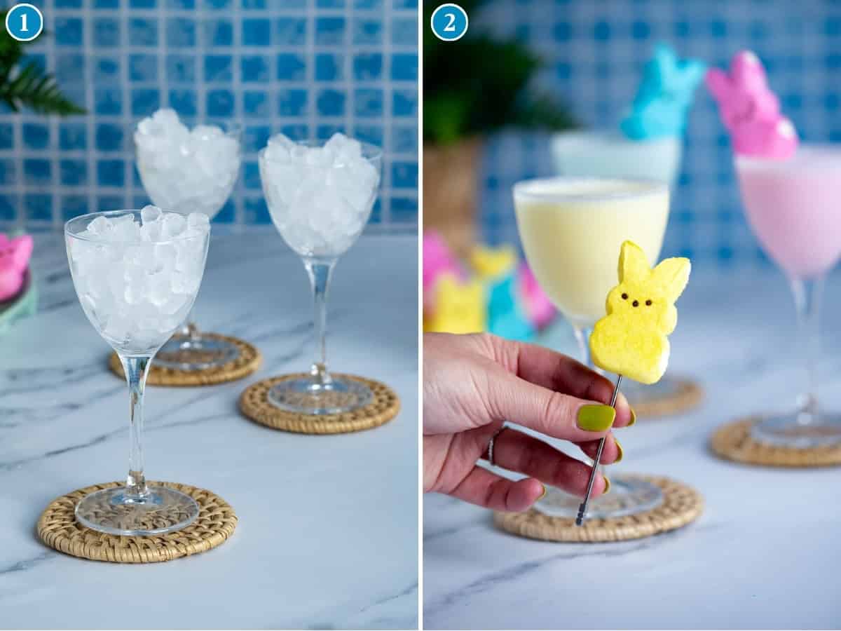 Side-by-side images: left shows three wine glasses filled with ice; right features pastel peeps martini cocktails, one topped with a yellow marshmallow bunny, held by a hand sporting green nail polish.