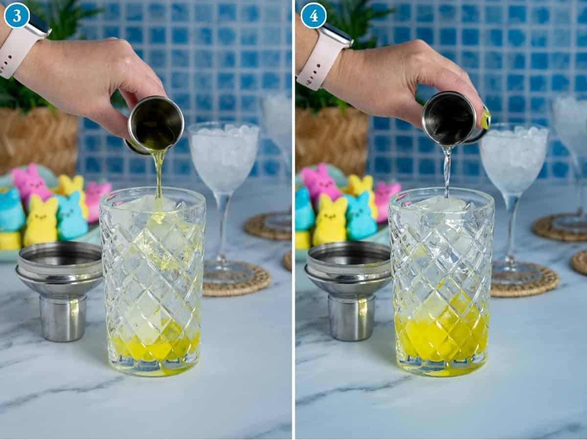 Side-by-side images show a hand pouring peeps vodka into a glass with ice (left) and vanilla vodka into the same glass (right). Colorful marshmallow Peeps and peeps martini glasses with ice are in the background.