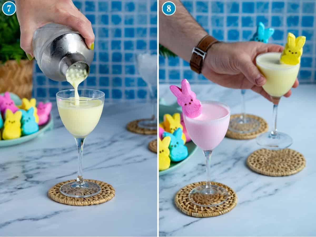Two-panel image: left shows a yellow Peeptini drink being poured from a shaker into a glass; right features a hand topping a pink peeps martini with a marshmallow bunny Peep, with colorful Peeps arranged on a plate in the background.