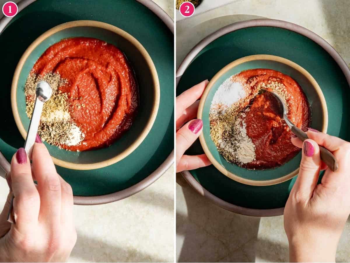 Two side-by-side images show hands adding and mixing spices into a bowl of tomato paste pizza sauce on a green plate. The left image features a spoon sprinkling spices, while the right shows stirring with a spoon.