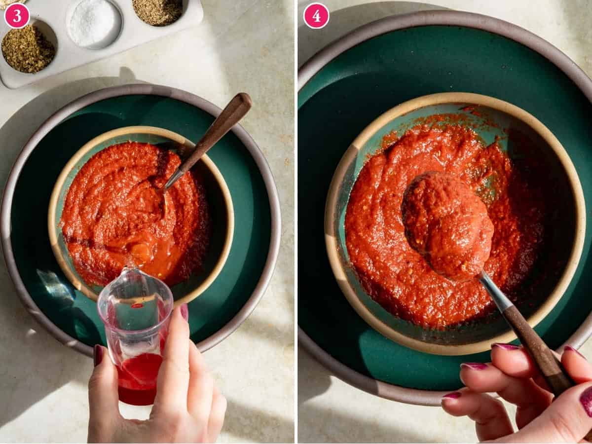 Side-by-side images of a bowl with tomato paste pizza sauce on a green plate. Left: a hand pours liquid into the sauce. Right: a hand holds a spoon of thick red sauce above the bowl. Small bowls of spices are visible in the background.