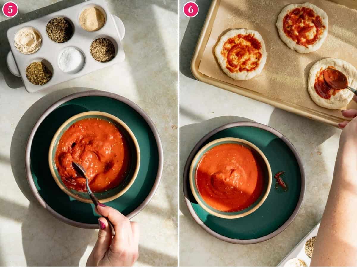 Two images: left shows a hand mixing tomato paste pizza sauce in a bowl beside a tray of spices; right shows a hand spreading tomato sauce on small pizza dough rounds on a baking sheet. Both images are bright and sunlit.