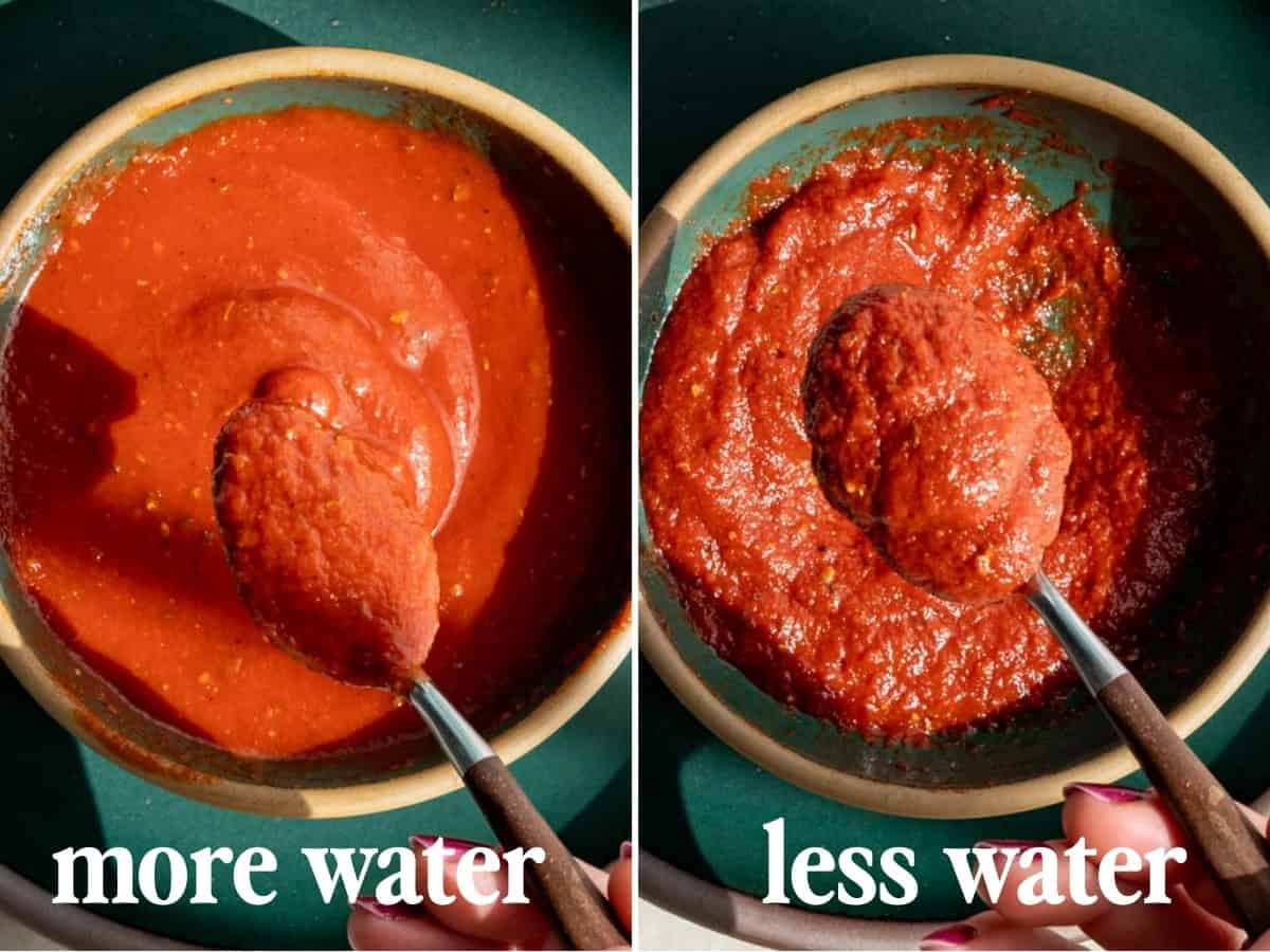 Side-by-side images of tomato paste pizza sauce: the left shows a thinner sauce labeled more water, and the right shows a thicker sauce labeled less water. Both are being stirred with a spoon.