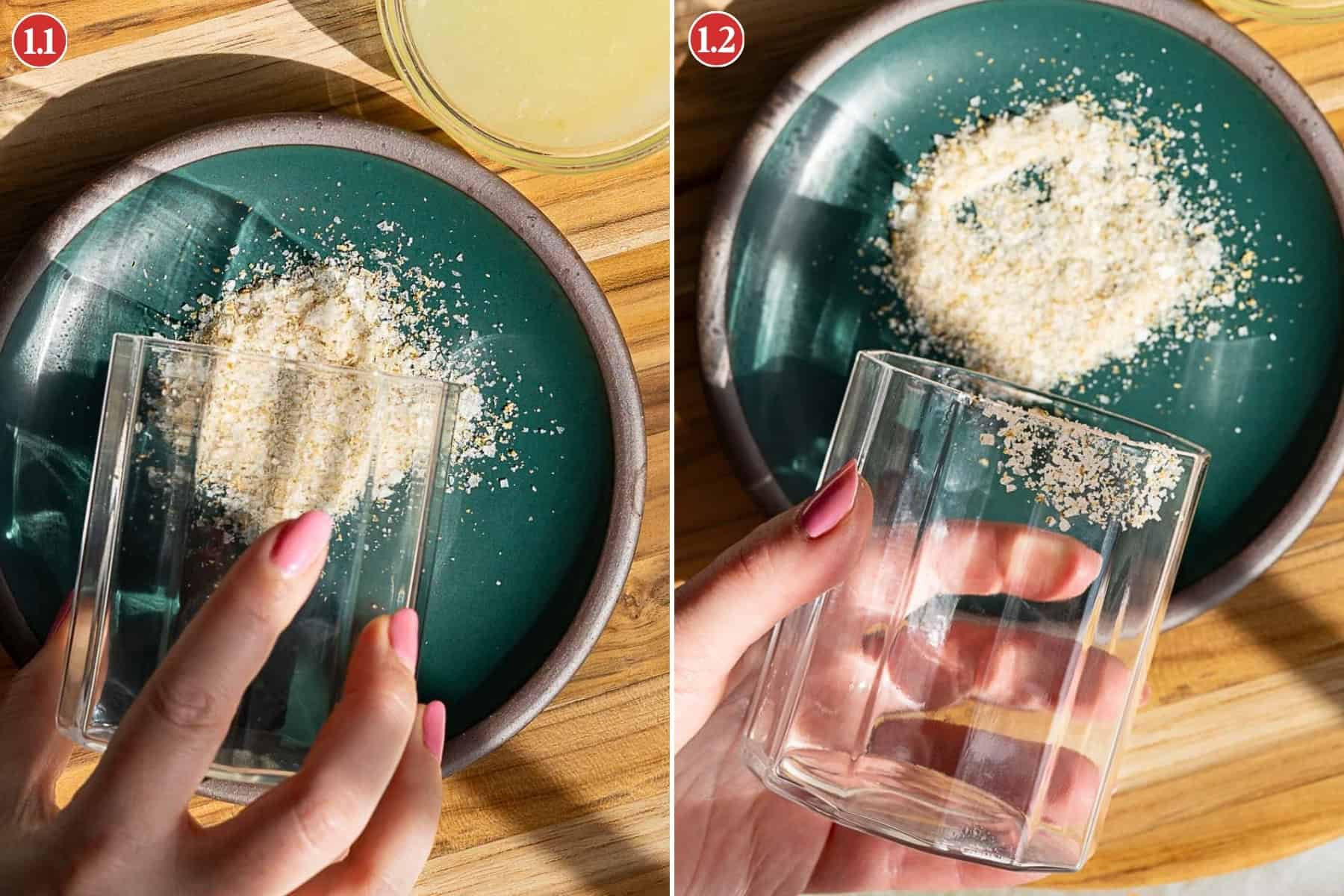 Two images depict a hand pouring ground oats from a clear container onto a dark green plate. The first shows the container tilted, while the second captures the final bits being shaken out—almost like crafting a perfect pomegranate margarita. Steps are labeled with numbers 2 and 3.