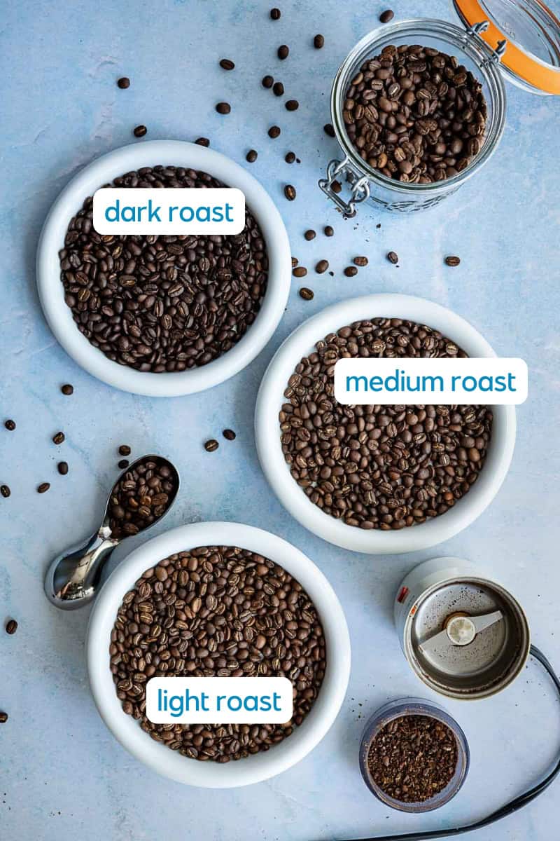 Three white bowls on a light surface, each labeled with different coffee bean roasts: dark roast, medium roast, and light roast. Scattered beans, a metal scoop, and a coffee grinder hint at how to make cold brew with your favorite roast.