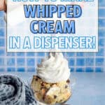 A dessert topped with whipped cream sits in front of a blue tiled background. Text on the image reads, How to make whipped cream in a dispenser! Make the best ever whipped cream using a dispenser!.