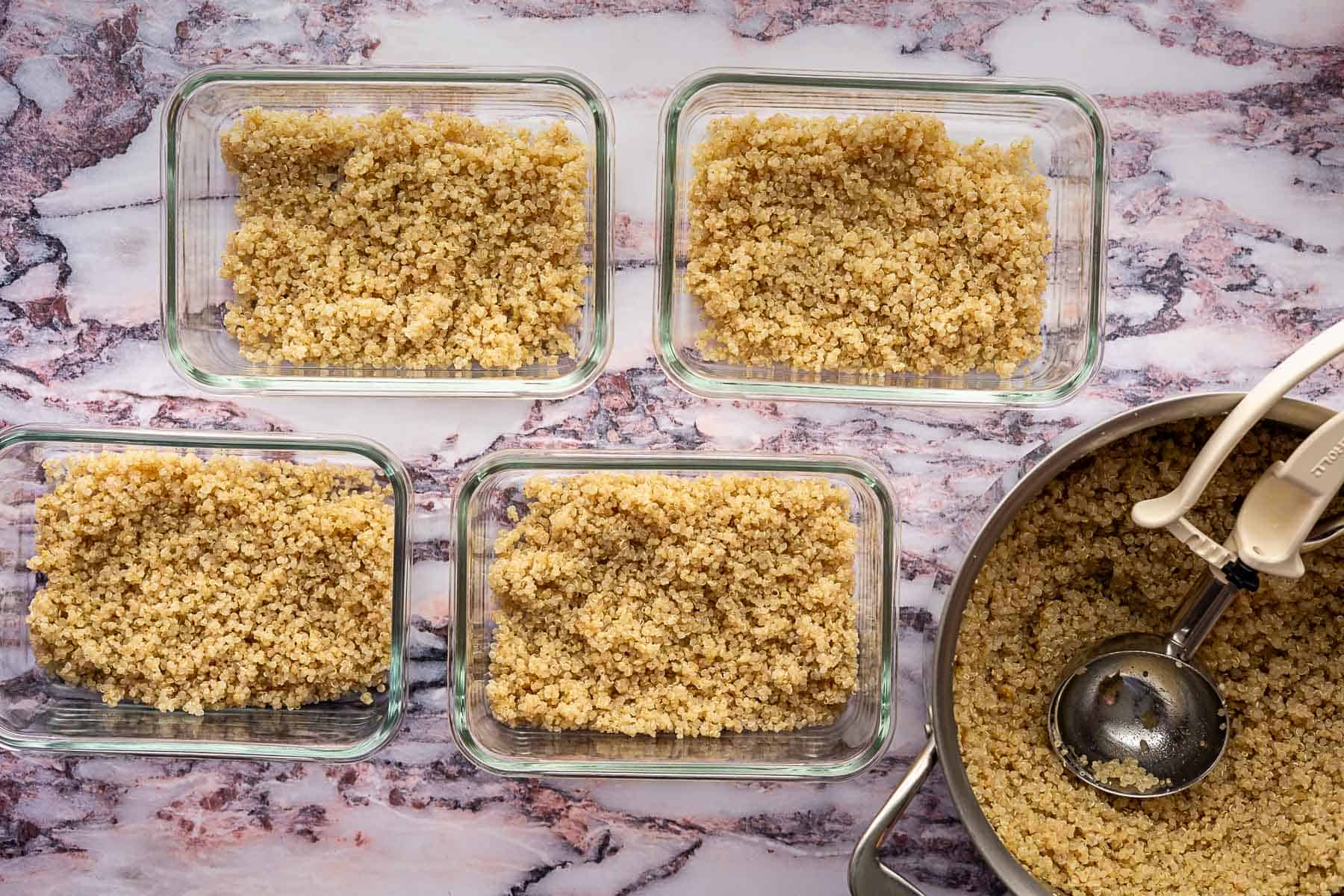 Four glass meal prep containers filled with cooked quinoa are arranged on a marble countertop, next to a pot with more quinoa and a metal scoop, ready to pair with vibrant kale and pomegranate salad for a nutritious meal.
