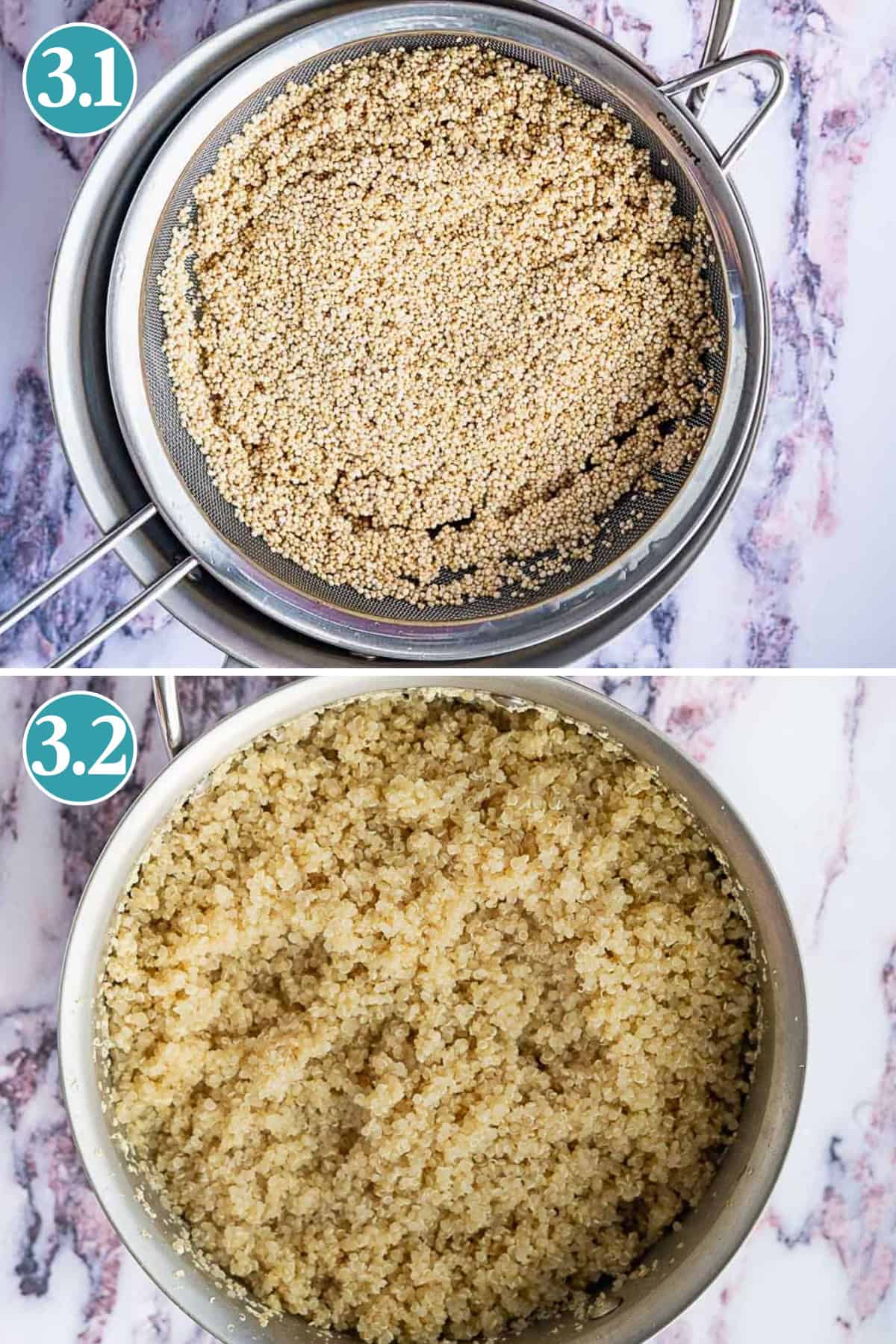 Two images: The top shows raw quinoa being rinsed in a fine-mesh strainer over a bowl; the bottom shows cooked quinoa fluffed in a pot, ready to be added to dishes like a vibrant kale and pomegranate salad.