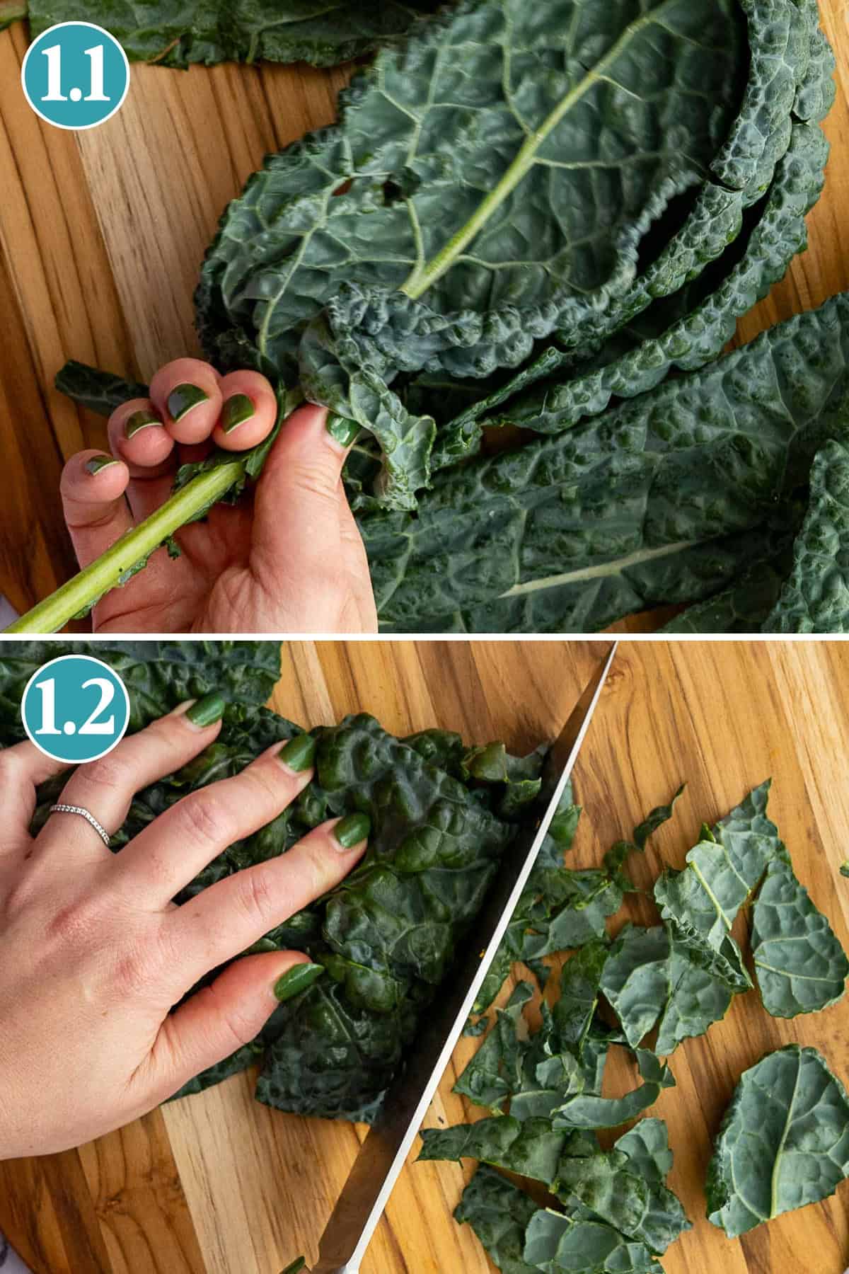 Two images: (1) A hand removes the thick stem from a dark green kale leaf on a wooden surface—prep for a kale and pomegranate salad. (2) The kale leaf is sliced with a large knife, hand holding it steady.
