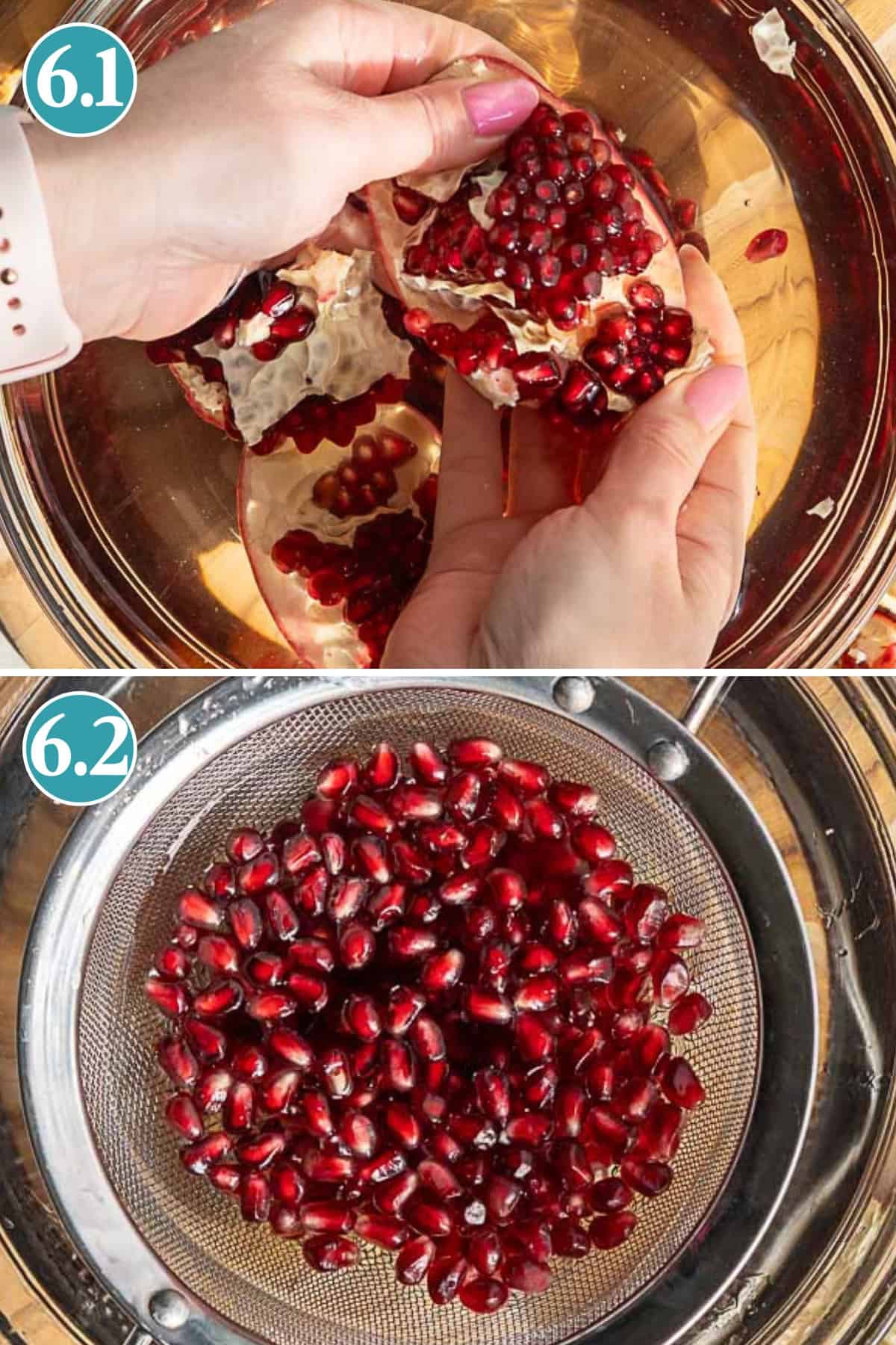 Top: Hands separating pomegranate seeds from the fruit over a bowl of water. Bottom: Pomegranate seeds collected in a metal strainer—perfect for topping a fresh kale and pomegranate salad.