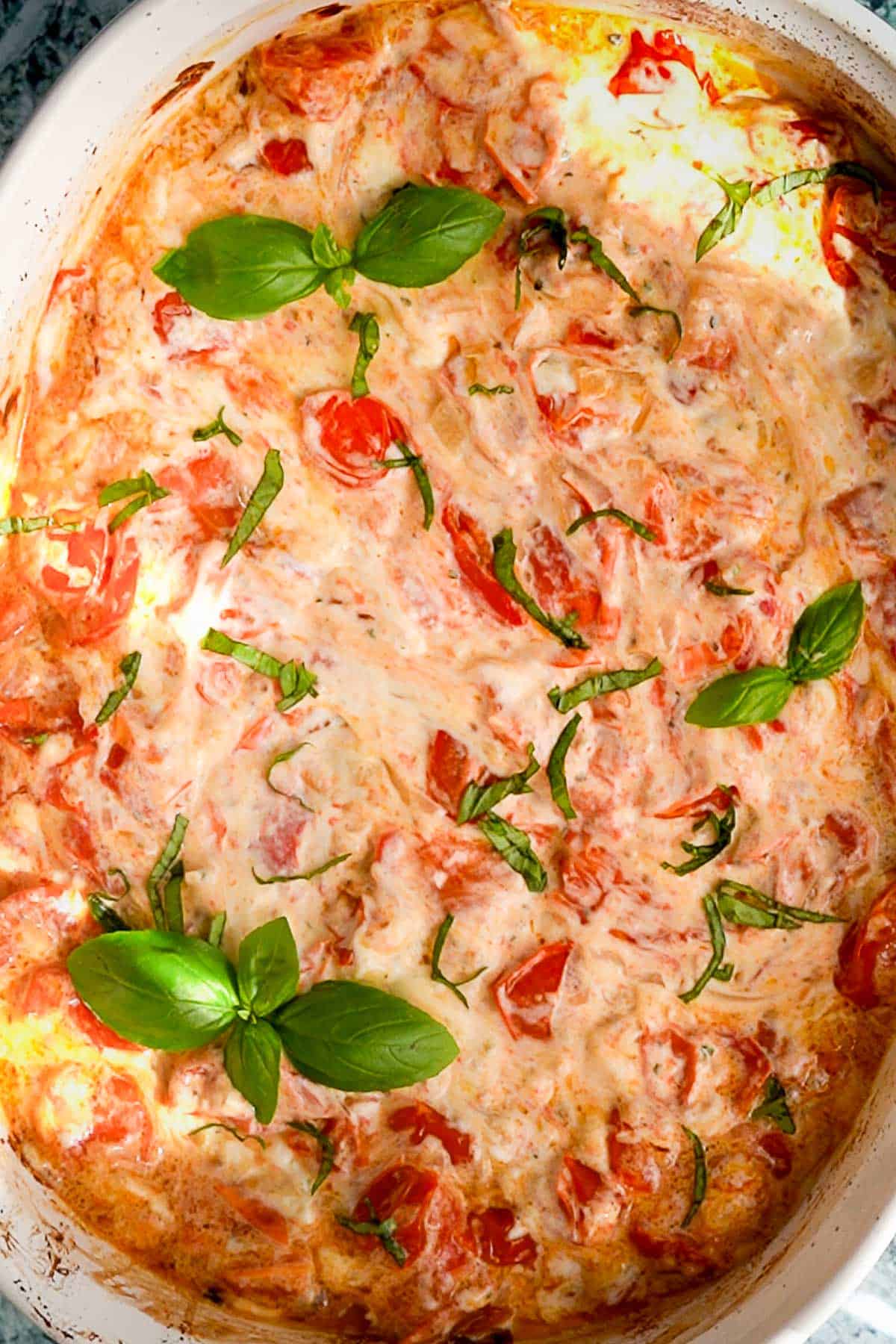 A baked creamy tomato dish topped with melted cheese, fresh basil leaves, and sliced cherry tomatoes, viewed from above in a white baking dish.