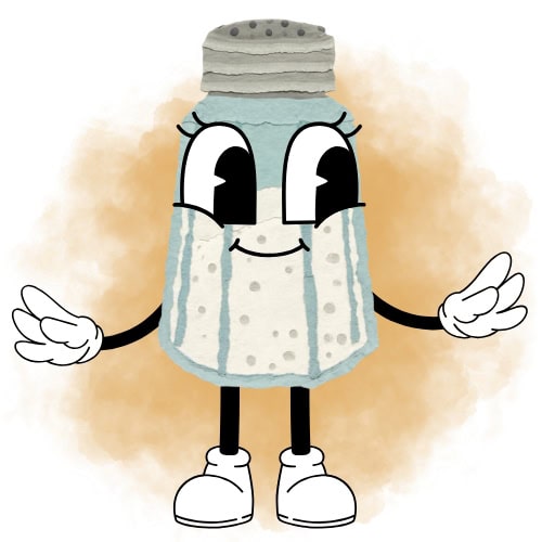 A cartoon salt shaker with big eyes, a smiling mouth, long eyelashes, white gloves, and shoes stands with arms outstretched on a light golden background.